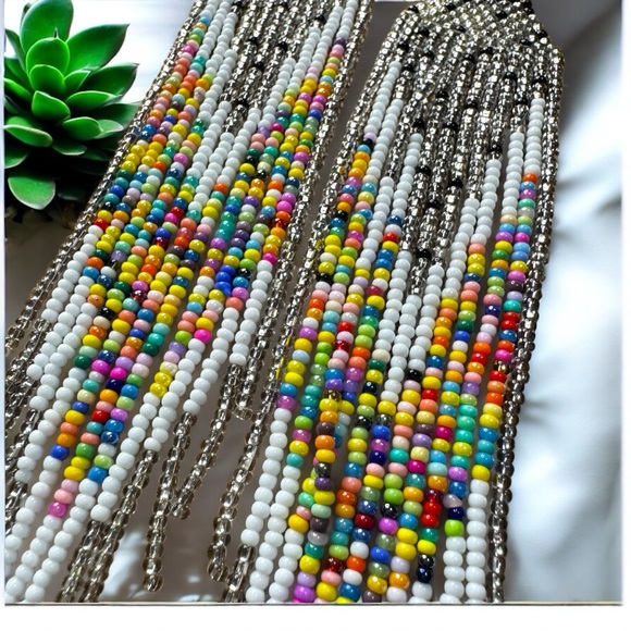 EARRINGS- NWT, Handmade Long Beaded Fringe Earrings - Picture 4 of 7